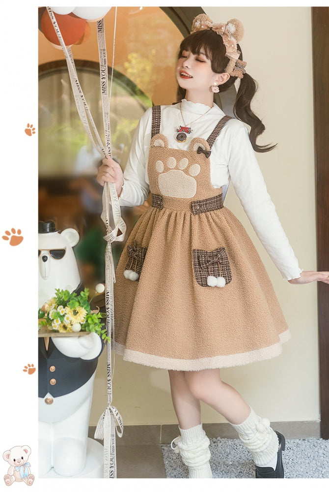 Silly Bear Brown Winter Sweet Fleece Lolita Overall Dress