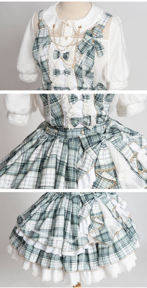 Matcha Ice Bowknot Details Plaid Ruffle Hem Idol Lolita Overall Dress