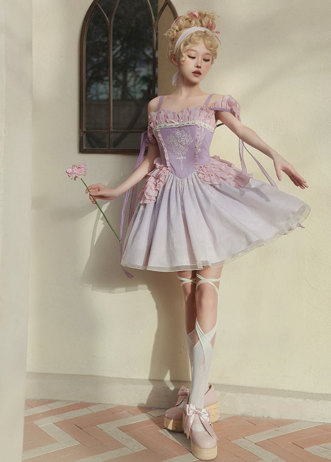 Thin Shoulder Straps Purple Ballet Ruffles Neckline Jumper Skirt