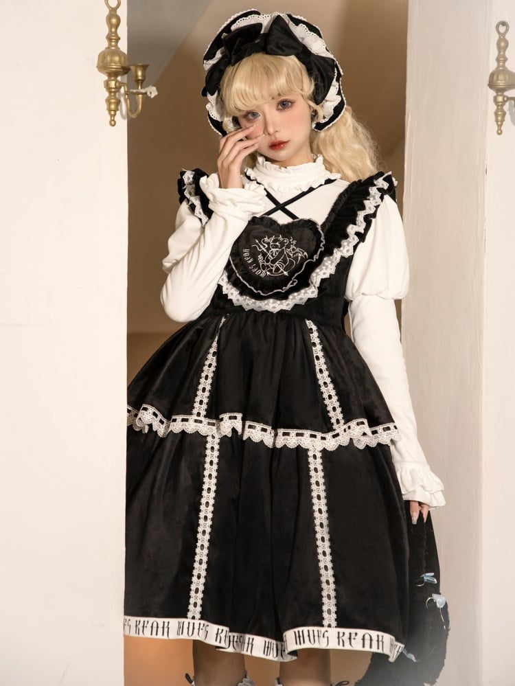 In Stock Runaway Bear Emboridery Heart-shaped Neckline Letter Print Hemline Velvet Jumper Skirt