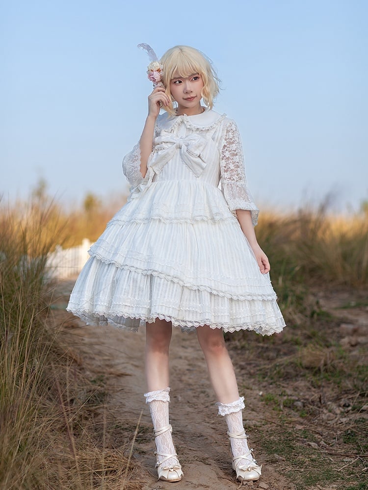 Dawn Tower Color White Big Bow Bodice High Waist Jumper Skirt