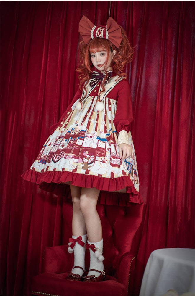 Popcorn and Star Pattern Print Pointed Collar One Piece Red and Yellow