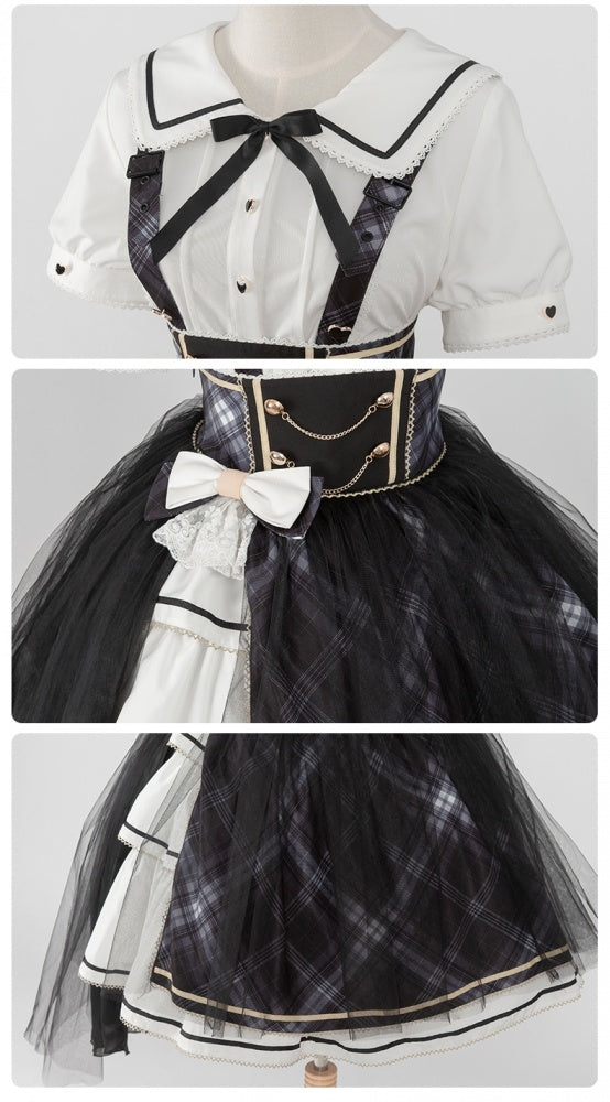 In Stock Plaid Tiered Flounce Hem Idol Overall Skirt+ White Shirt Set