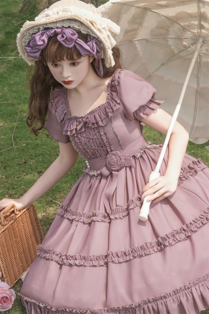 Square Neckline Smocked Elastic Front Bodice Ruffle Hemline Long/Short Sleeves Lolita OP