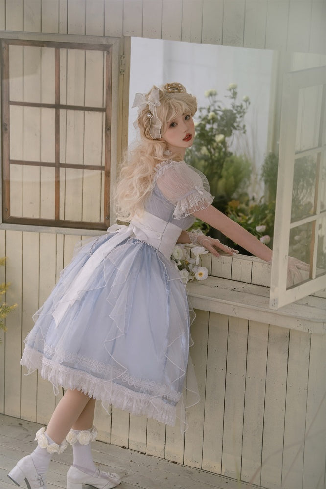 Mermaid Tears One Piece Halter Neck Puff Sleeves Tiered Skirt and Ruffle Trim