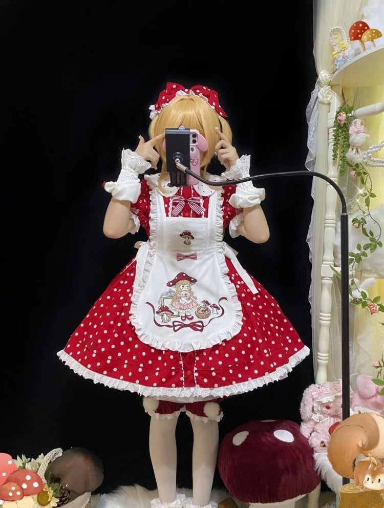 Picking Mushroom White and Red Polka-dot Pattern Short Sleeves One Piece