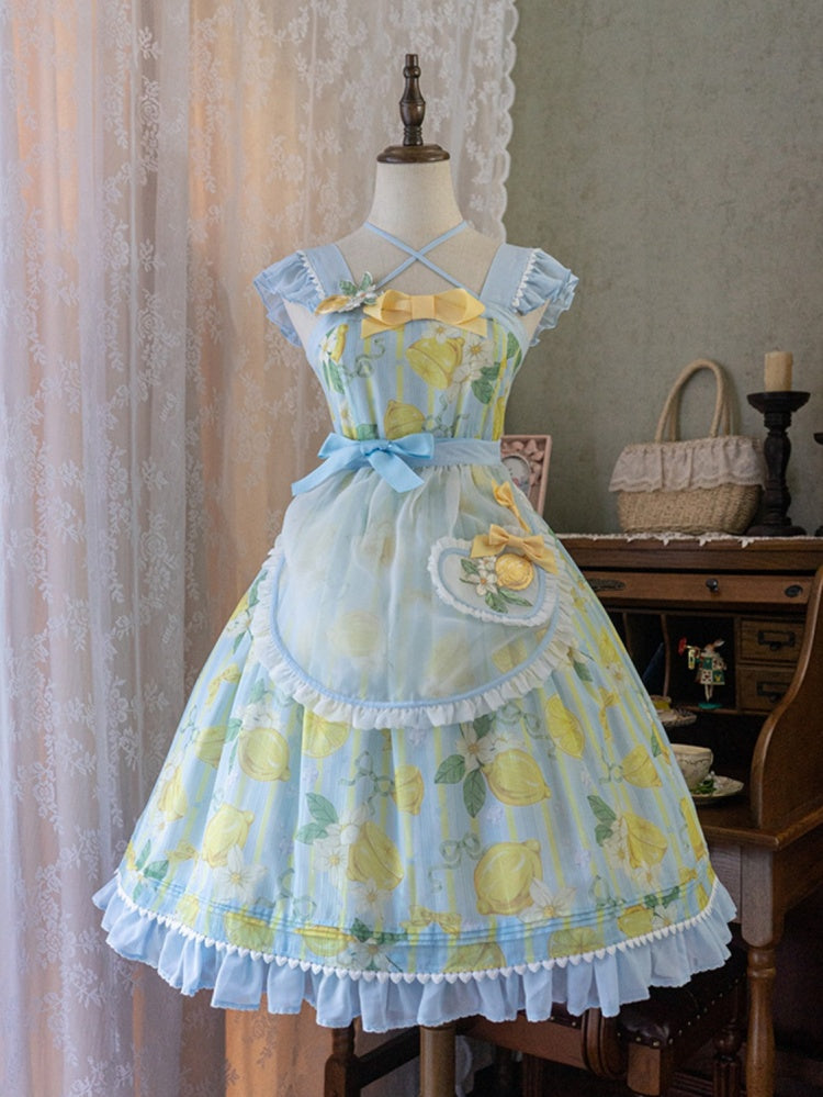 Lemon Print Summer Dress Yellow and Blue Sweet Jumper Skirt