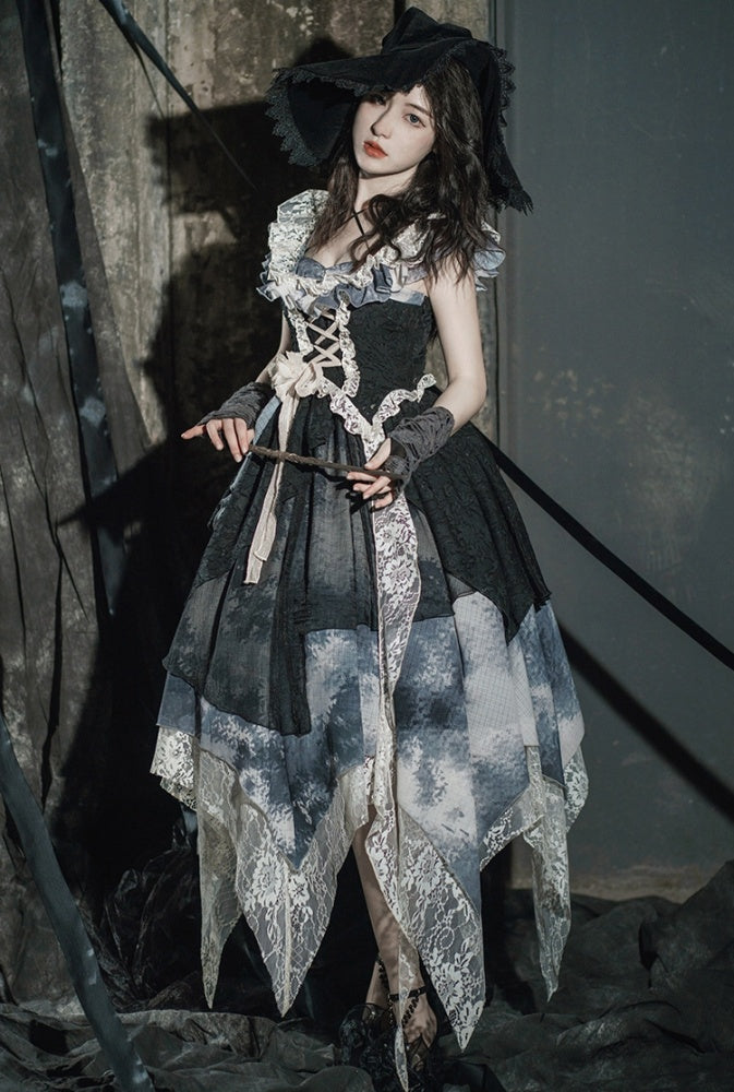 Lace-up Bodice Tie Dye Design Handkerchief Hem Lolita JSK