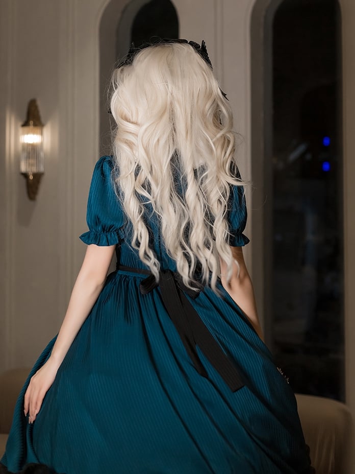 White Rose Applique Collar Peacock Blue Puff Sleeves One Piece