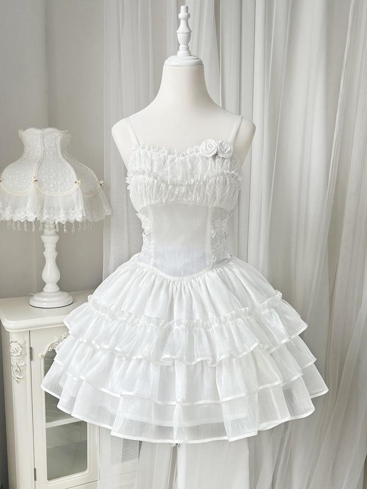 White Ruffle Hem Thin Shoulder Straps Jumper Skirt