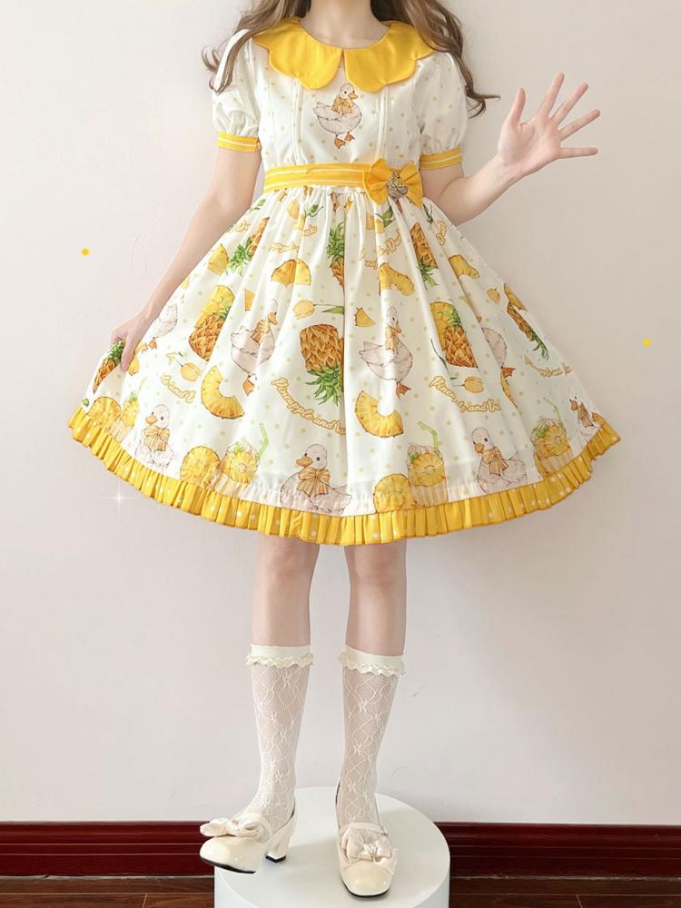 Yellow Polka-dot Pattern Pineapple Duck Print One Piece