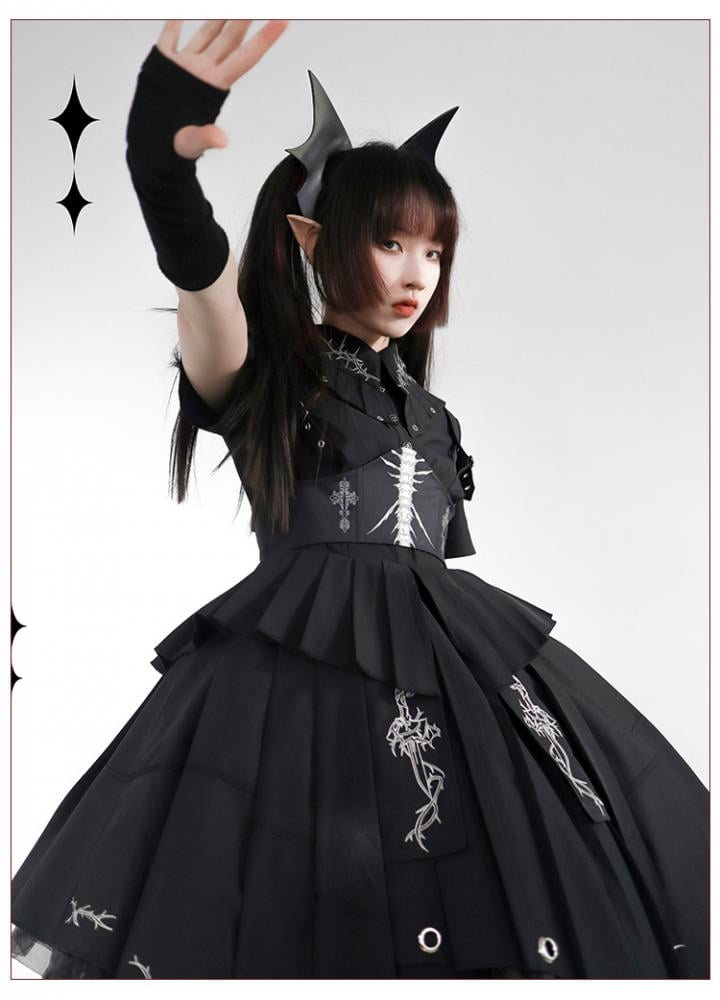 Thorns of Fog Color Black Cross and Thorns Embroidery Military Lolita OP