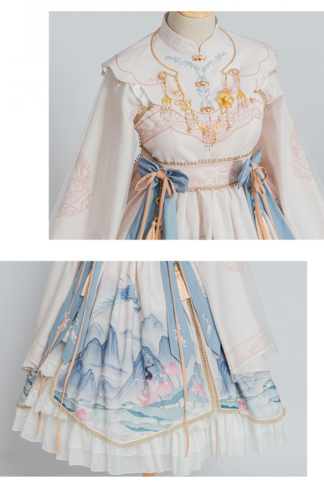 Chinoiserie Mountains-and-waters Painting Print Long Sleeves Lolita OP