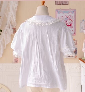 Red Bunny Strawberry Print Sweet Overall Dress+White Peter Pan Collar Blouse Set