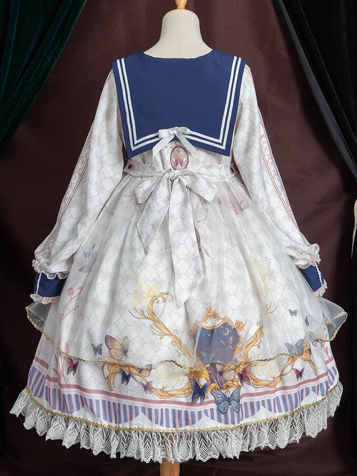 White Butterflies Print High Waist Long Sleeves One Piece