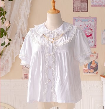 Red Bunny Strawberry Print Sweet Overall Dress+White Peter Pan Collar Blouse Set