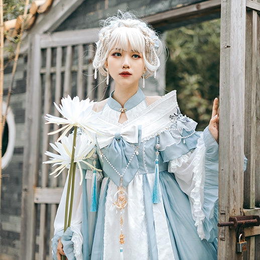 Deer and Epiphyllum Archaic Style Epiphyllum Print Beads Chain Decoration Lolita JSK Set