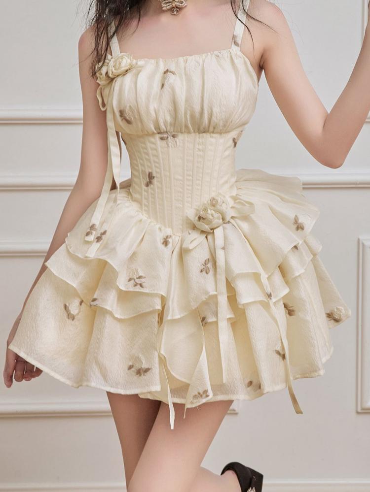 Light Yellow Floral Pattern Boned Bodice Jumper Skirt with Rosette Brooches Short Version