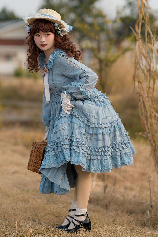 Tasha's Garden Blue Ruffle Design Long Sleeves One Piece