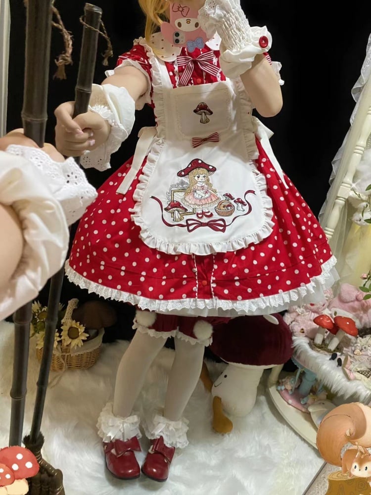 Picking Mushroom White and Red Polka-dot Pattern Short Sleeves One Piece