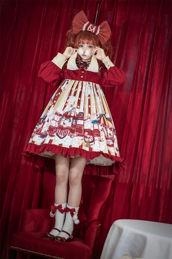 Popcorn and Star Pattern Print Pointed Collar One Piece Red and Yellow