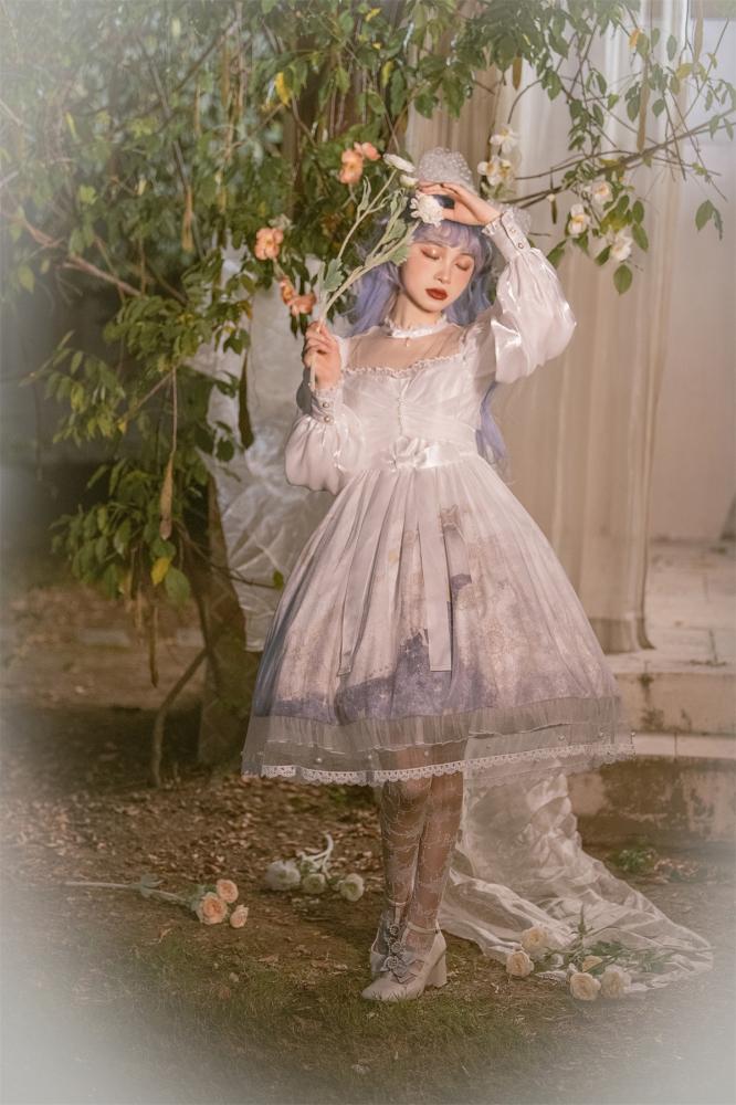 Stars Print Illusion Neckline White One Piece High Waist Classic Dress