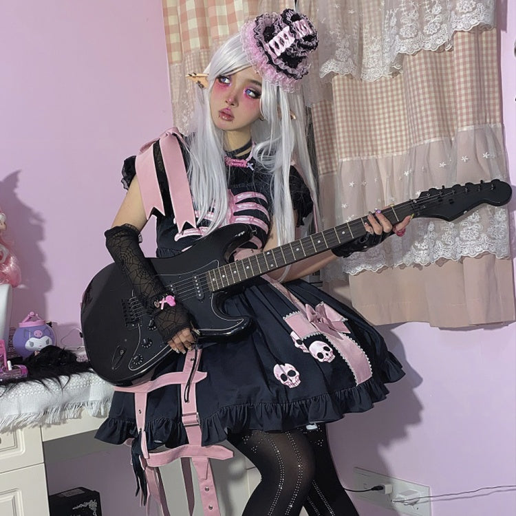 In Stock Dark Birdcage Skull Print Bowknot High Waist Lolita JSK