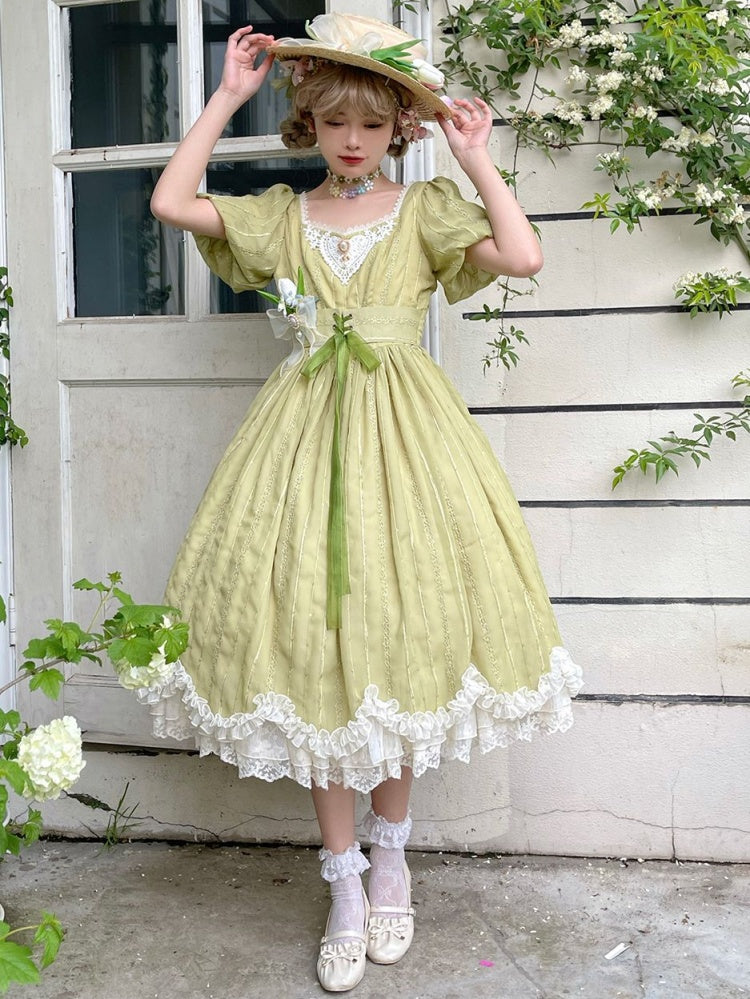 Tulip 1.0 Tiered Skirt and Ruffle Trim Short Sleeves One Piece Version A (Lace Applique Neckline)/Version B