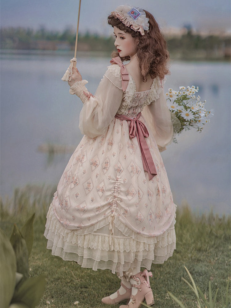 Time Letter Paper Floral Print Bowknot Details Drawstring Ruffle Hem Long Sleeves One Piece