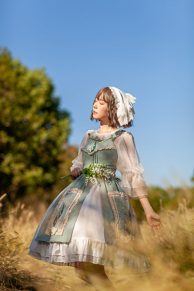 Lily of the Valley Color Light Green Bowknot Details HIgh Waist Jumper Skirt