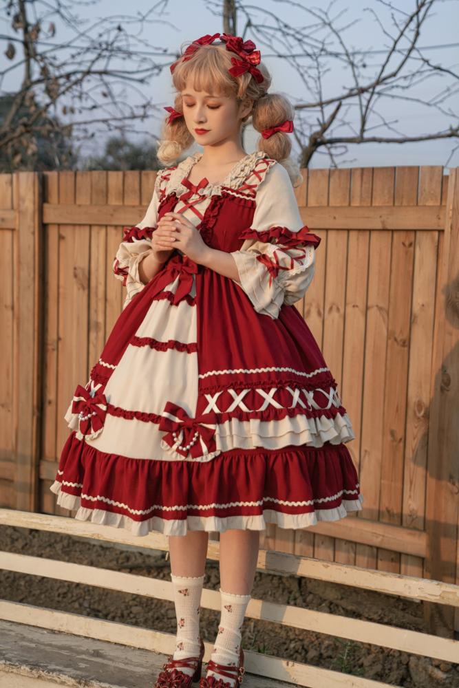 Wine Red Bowknot Details One Piece Snow White Dress/Full Set Square Neckline