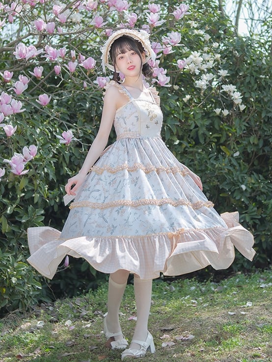 Light Orange Floral Print Jumper Skirt Plaid Pattern Hemline