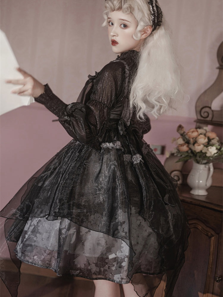 Withered Leaves Print Handkerchief Overlay Hem Empire Waist Jumper Skirt + Blouse Set