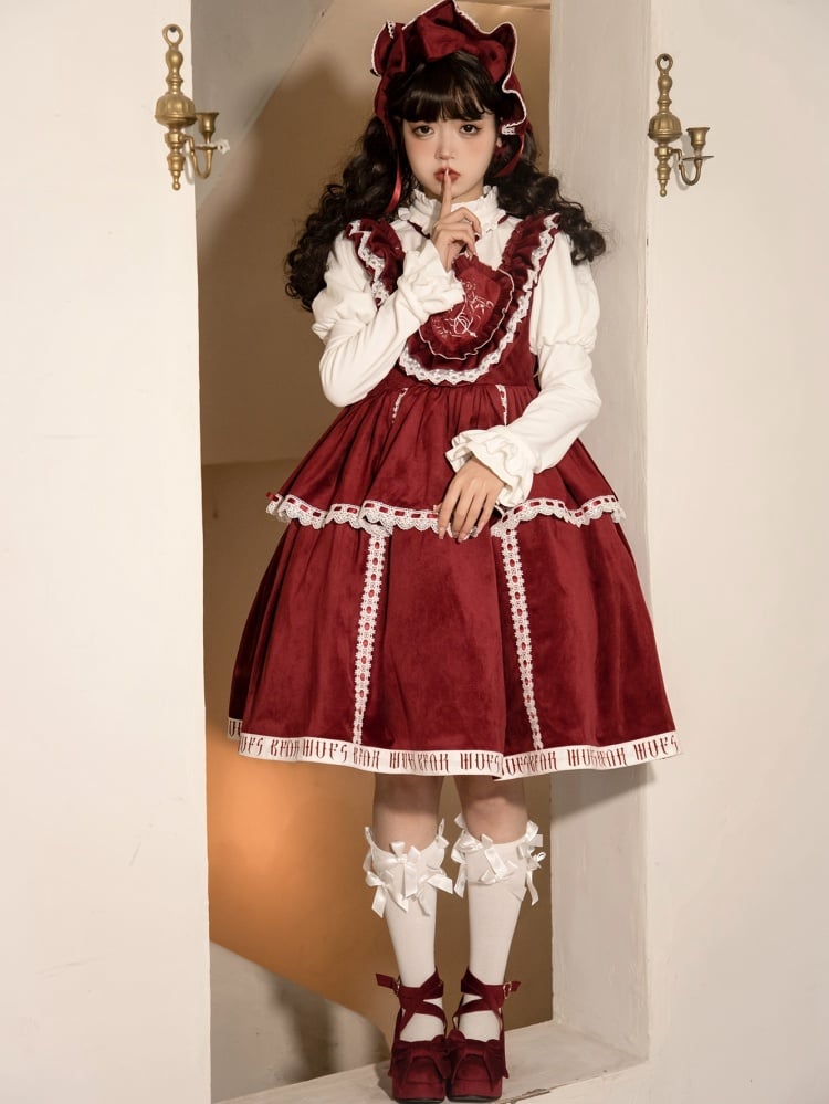 In Stock Runaway Bear Emboridery Heart-shaped Neckline Letter Print Hemline Velvet Jumper Skirt