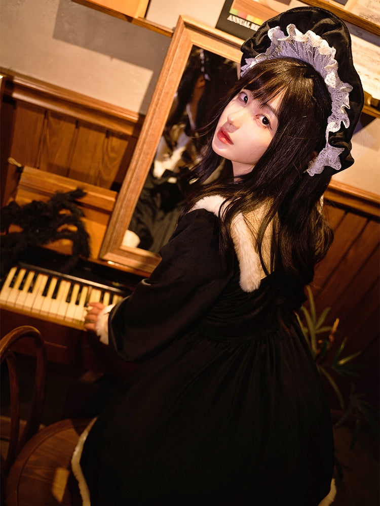 Humanoid Time Color Black Ruffle Round Neckline Plush Hemline Velvet Long Sleeves One Piece