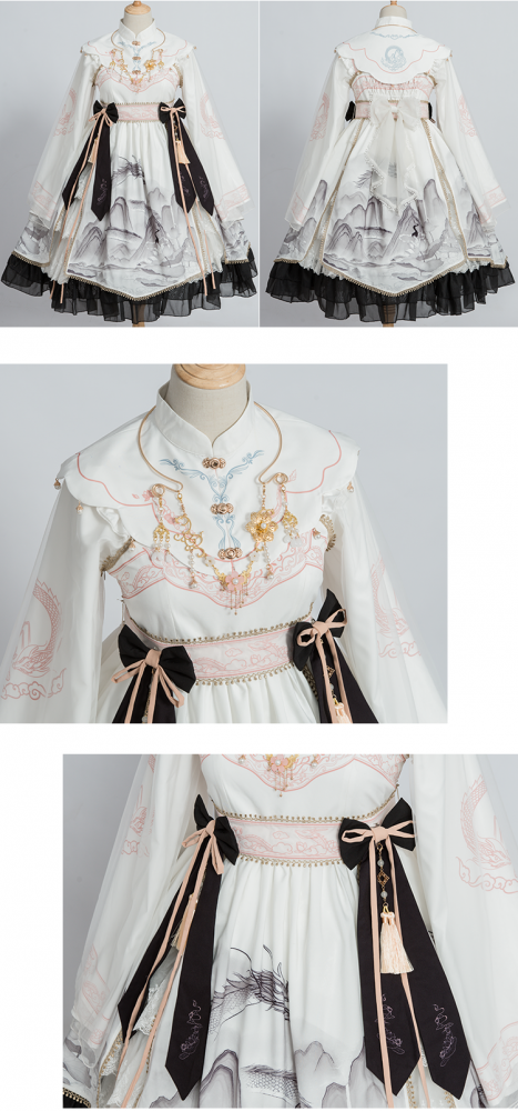 In Stock Black and White Chinoiserie Mountains-and-waters Painting Print Long Sleeves One Piece