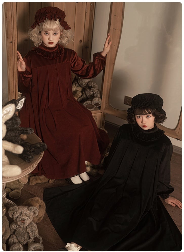 Winona Red/Black Velvet and Corduroy Ruffle Neckline Long Balloon Sleeves One Piece