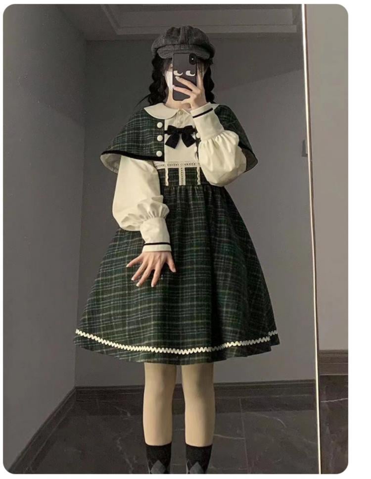 Southern Theater Green Plaid Pattern Peter Pan Collar OP