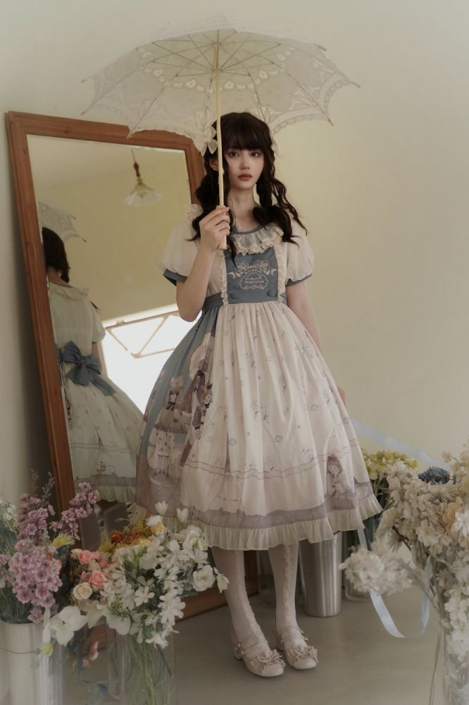 Spring Curtain Country Style Little Girl Print Embroidery Round Neck Bowknot Details Short Sleeves One Piece