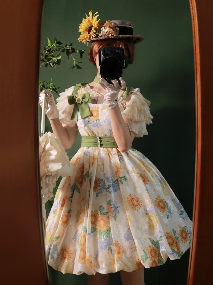 Sunflowers Print Bubble Skirt Summer Dress