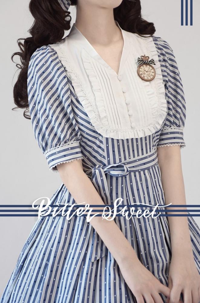 Three Colors Banded Collar Striped Pattern Short Sleeves One Piece