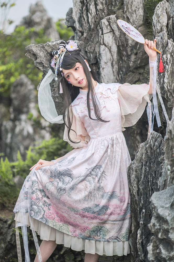 In Stock Mountains-and-waters Painting Print Irregular Hem Chinoiserie Style Short Sleeves One Piece