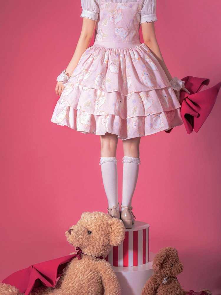 In Stock Kitty Print Bowknot Details Tiered Ruffle Hem Overall Dress
