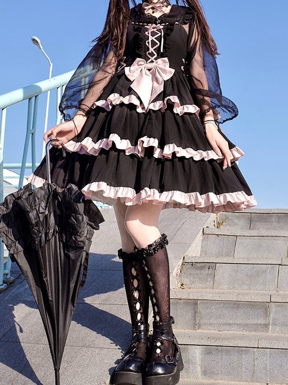 Lace-Up Detail Sweet Jumper Skirt Tiered Skirt Dress/Full Set Long Version