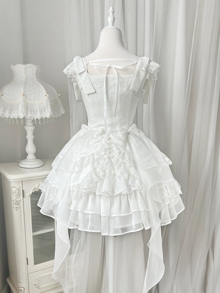 White Ruffle Hem Thin Shoulder Straps Jumper Skirt + Waistcoat Set