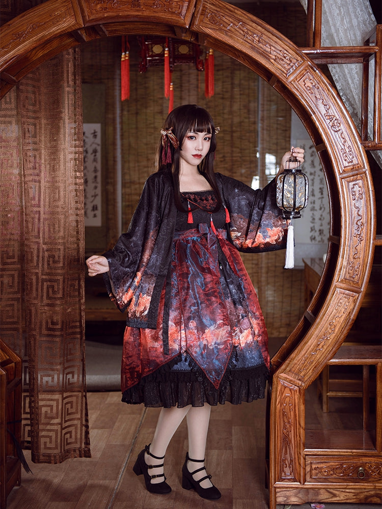In Stock Lotus Bloom Fish Print Flounce Hemline Chinoiserie Style Jumper Skirt