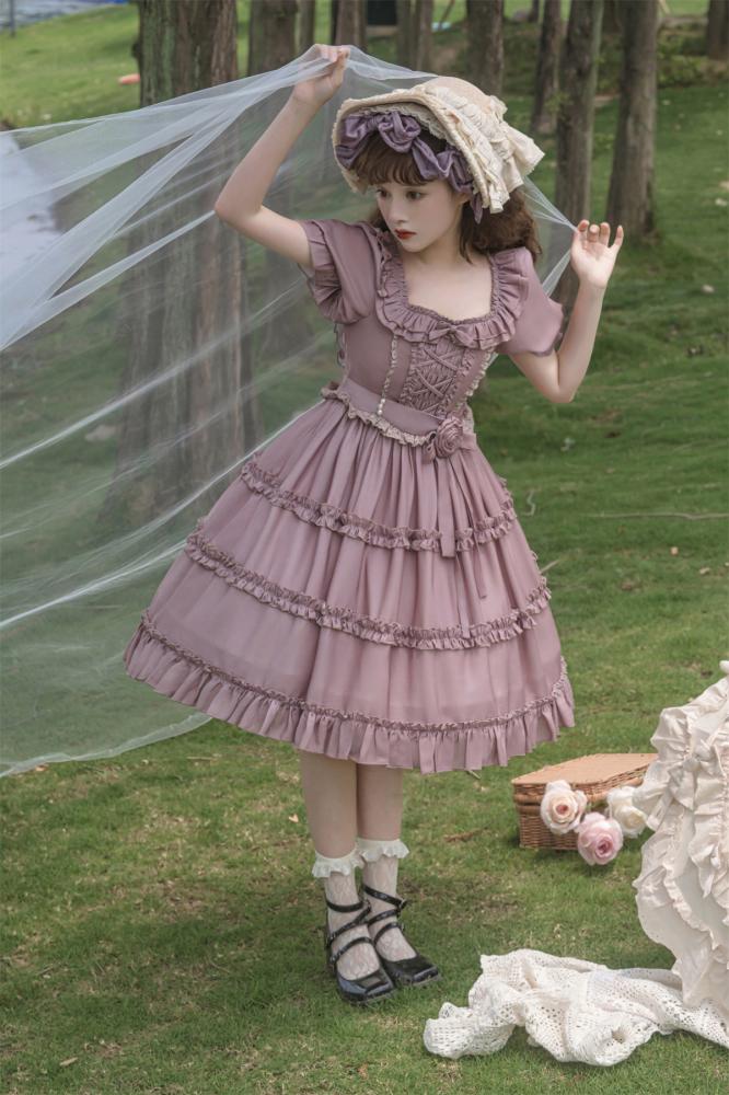 Square Neckline Smocked Elastic Front Bodice Ruffle Hemline Long/Short Sleeves Lolita OP
