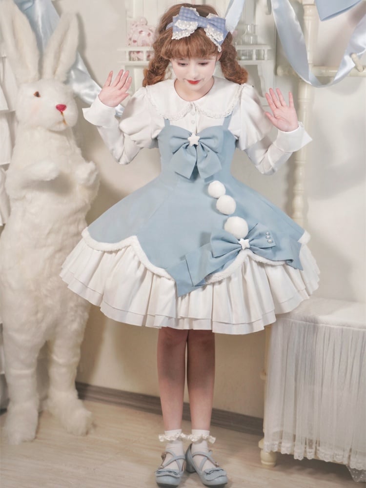 Winter Fairy Tale White and Blue Pompons Bowknot Details Jumper Skirt