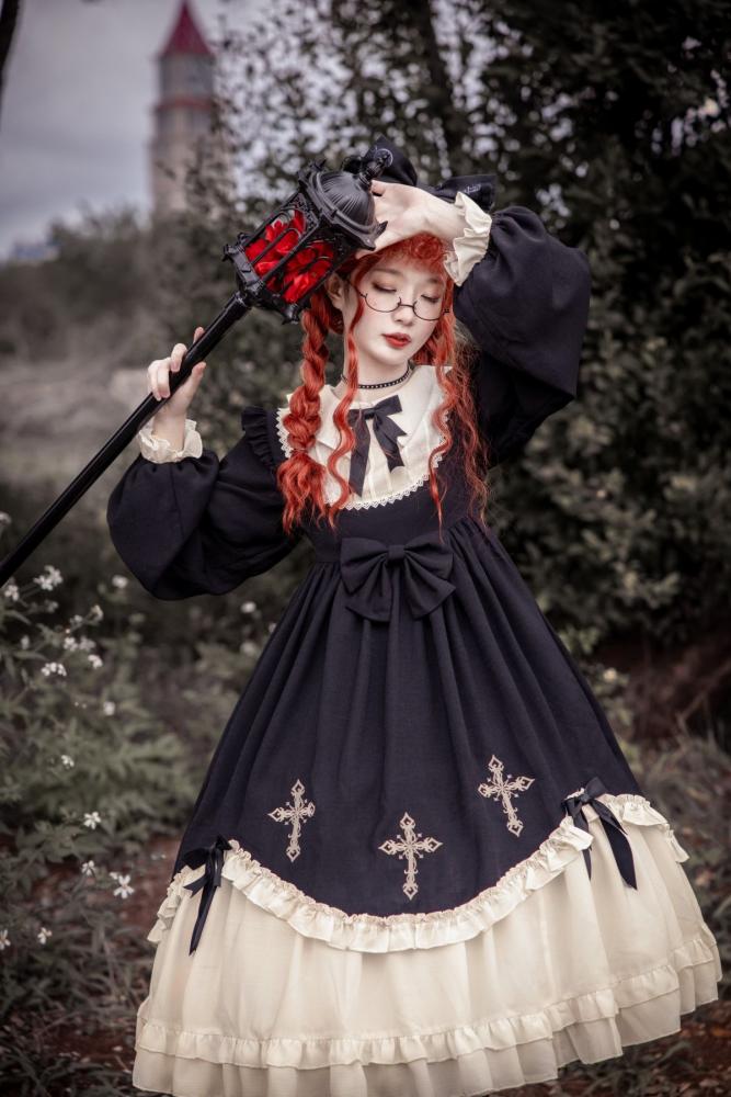 Starry Night Cross Bowknot Details Long Sleeves Lolita OP