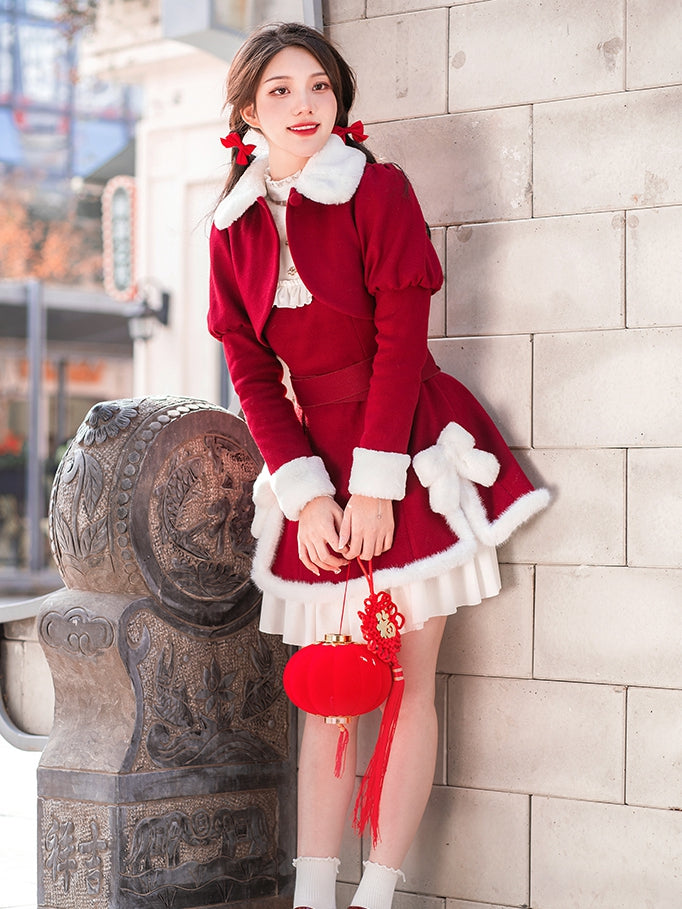 New Year Red and White Plush Bowknot Slit Side Hem Jumper Skirt